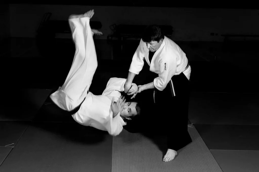 This image shows Greg Regan sensei performing kote-gaeishi, the uke is Ed Baczynski