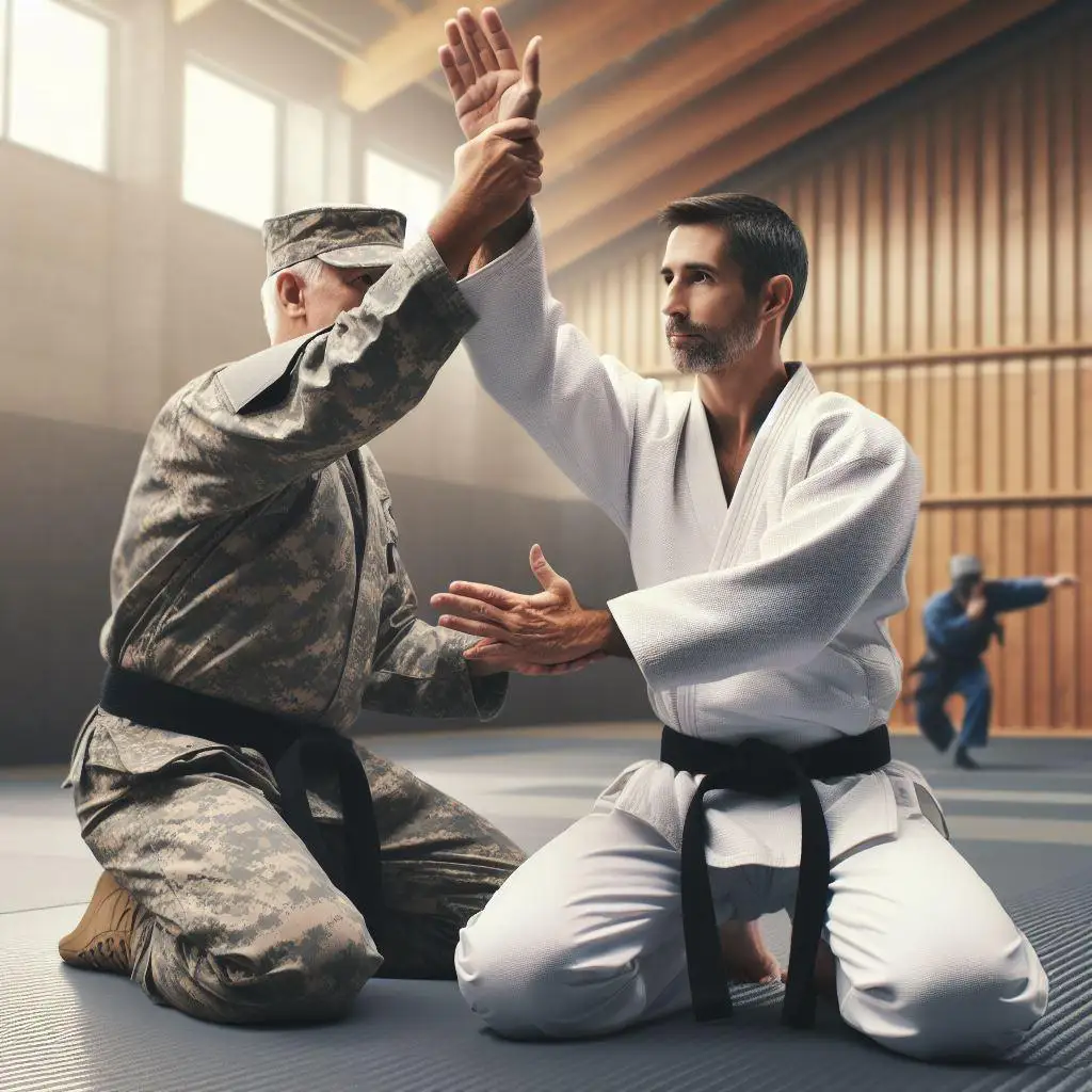 GenAI generated image showing a military person practising martial arts with a martial artist