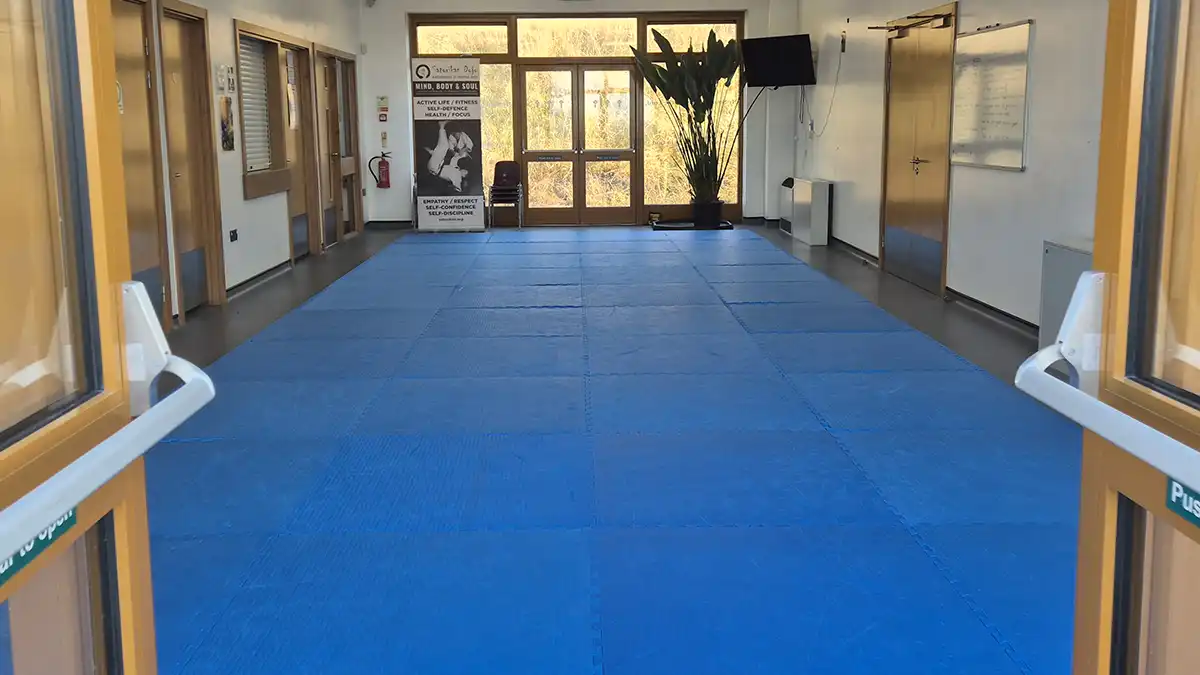 A photo taken through the doors showing the matted, empty Satorikan Jujutsu Dojo